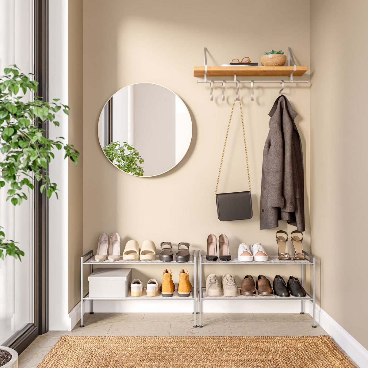 Seville Classics 2-Tier Stackable 9-Pair Metal Mesh Shoe Storage Rack Organizer, Silver Mesh